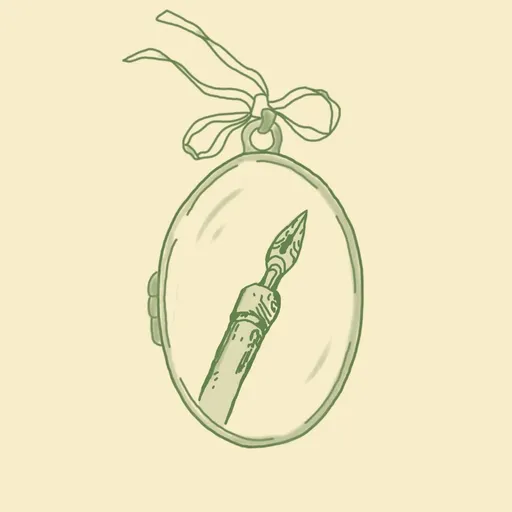 Hand-drawn logo of a sage-green locket with a fountain pen nib inside, on cream paper.